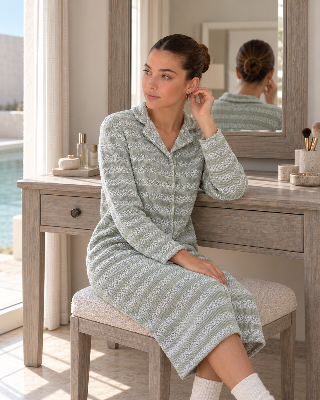 JOURI Striped Buttoned Pajama Nightshirt - 9004, Sage Green