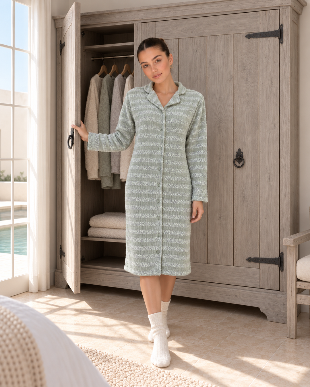 JOURI Striped Buttoned Pajama Nightshirt - 9004, Sage Green
