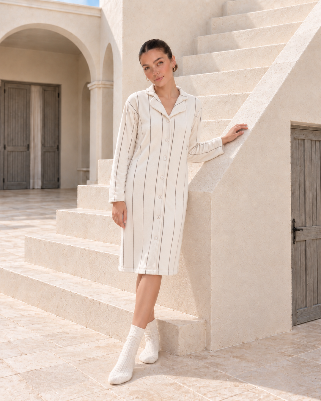 JOURI Striped Buttoned Pajama Nightshirt - 9017, Off White