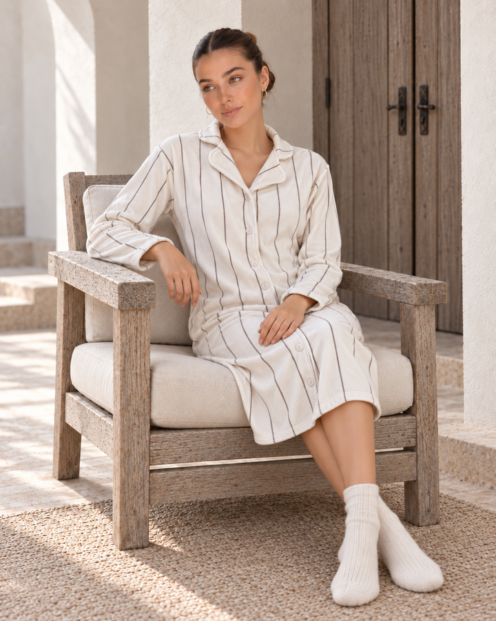 JOURI Striped Buttoned Pajama Nightshirt - 9017, Off White