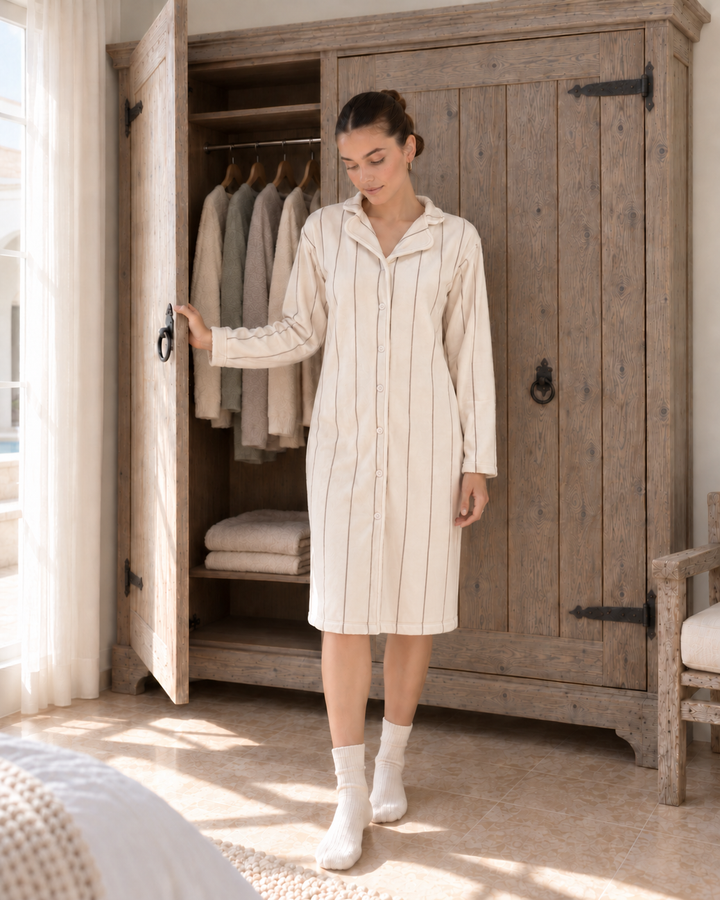 JOURI Striped Buttoned Pajama Nightshirt - 9017, Off White
