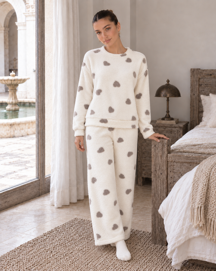 JOURI Plush Heart-Print Pajama Set - 9009, Off White