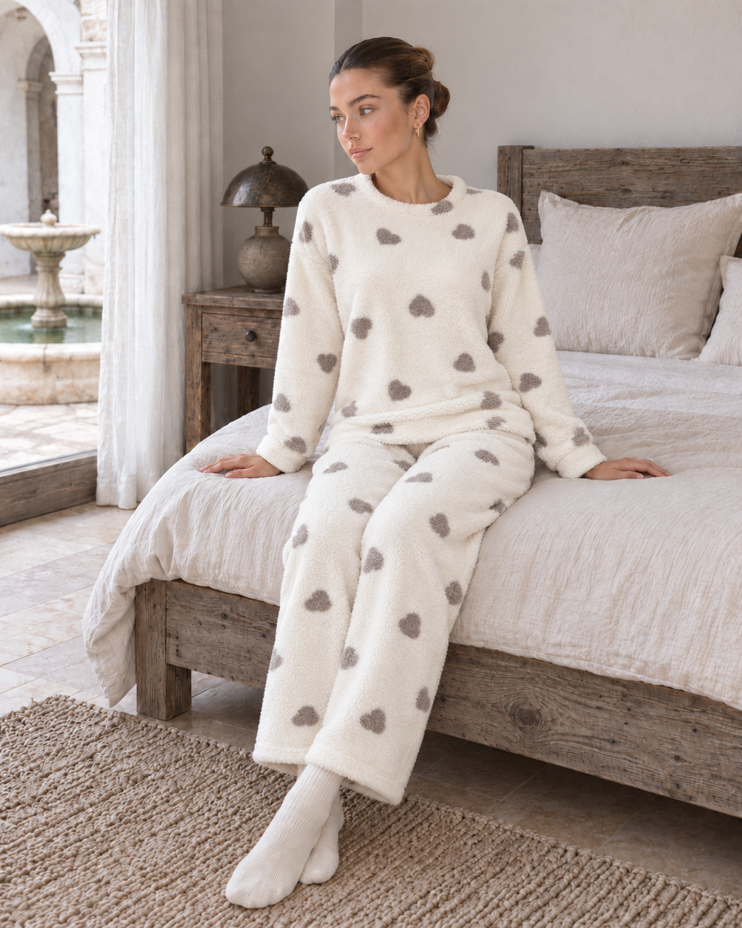 JOURI Plush Heart-Print Pajama Set - 9009, Off White