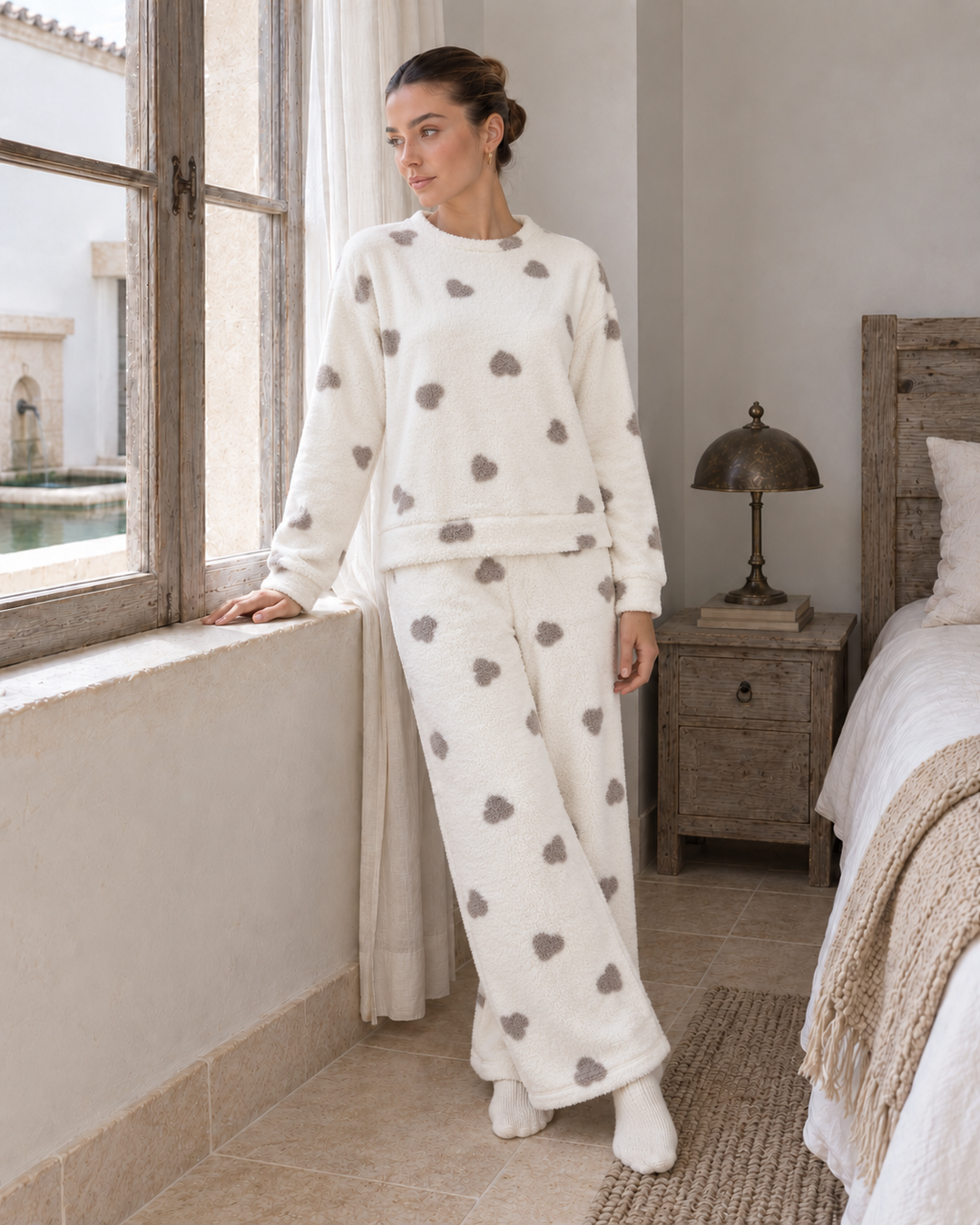 JOURI Plush Heart-Print Pajama Set - 9009, Off White