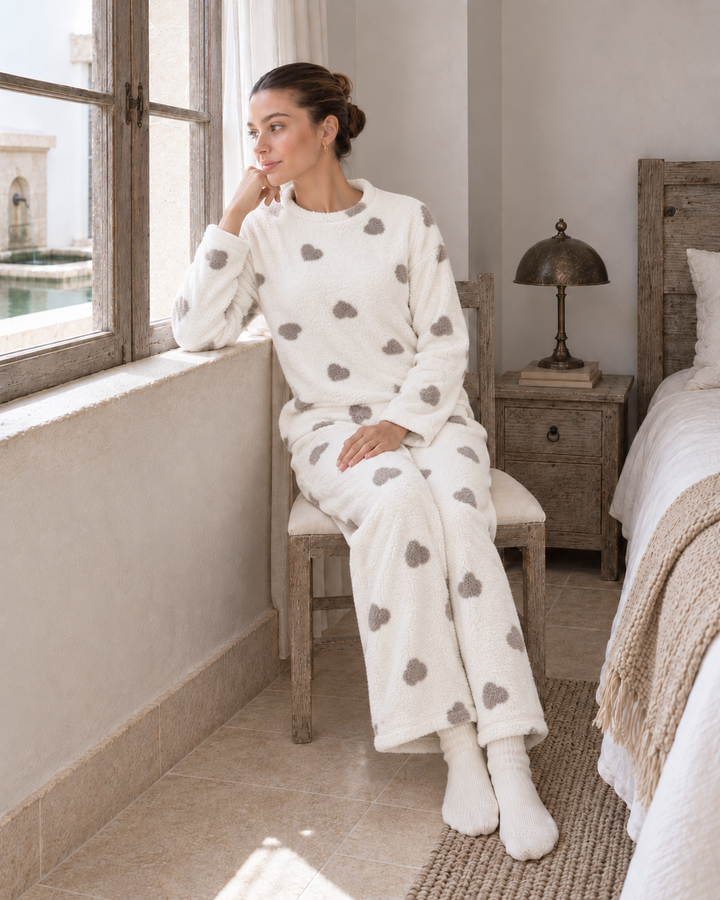JOURI Plush Heart-Print Pajama Set - 9009, Off White
