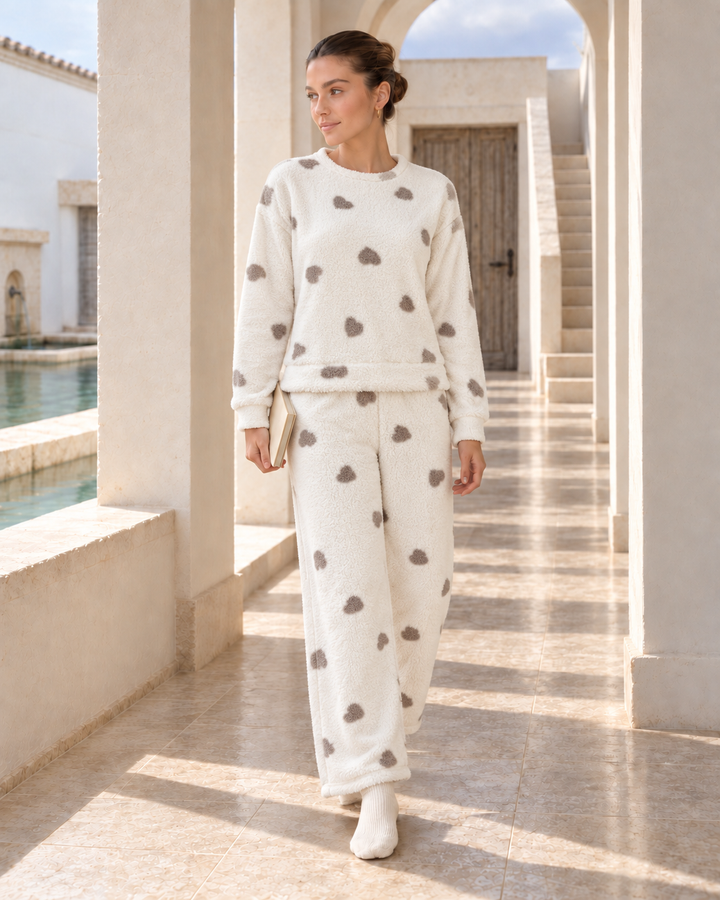 JOURI Plush Heart-Print Pajama Set - 9009, Off White