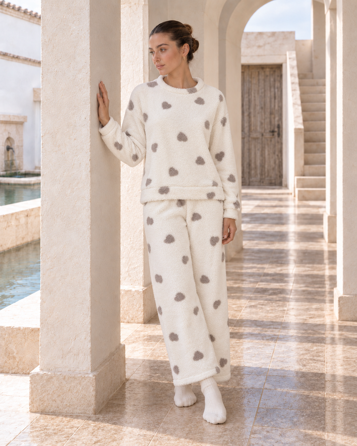 JOURI Plush Heart-Print Pajama Set - 9009, Off White
