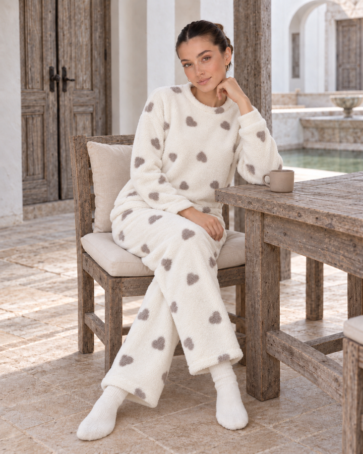 JOURI Plush Heart-Print Pajama Set - 9009, Off White