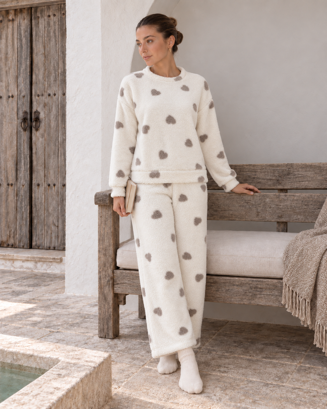 JOURI Plush Heart-Print Pajama Set - 9009, Off White