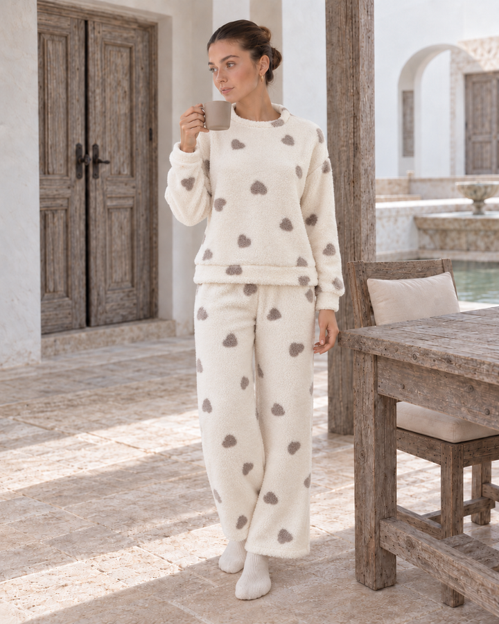 JOURI Plush Heart-Print Pajama Set - 9009, Off White