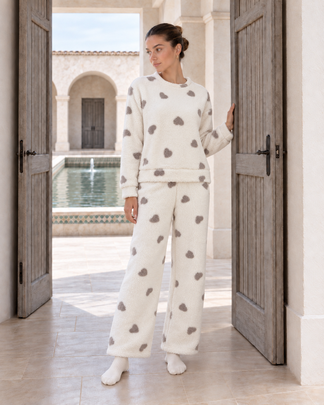 JOURI Plush Heart-Print Pajama Set - 9009, Off White