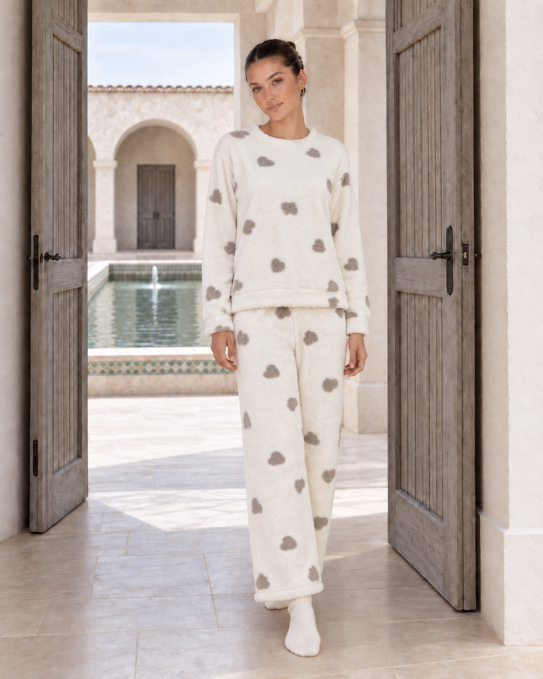 JOURI Plush Heart-Print Pajama Set - 9009, Off White