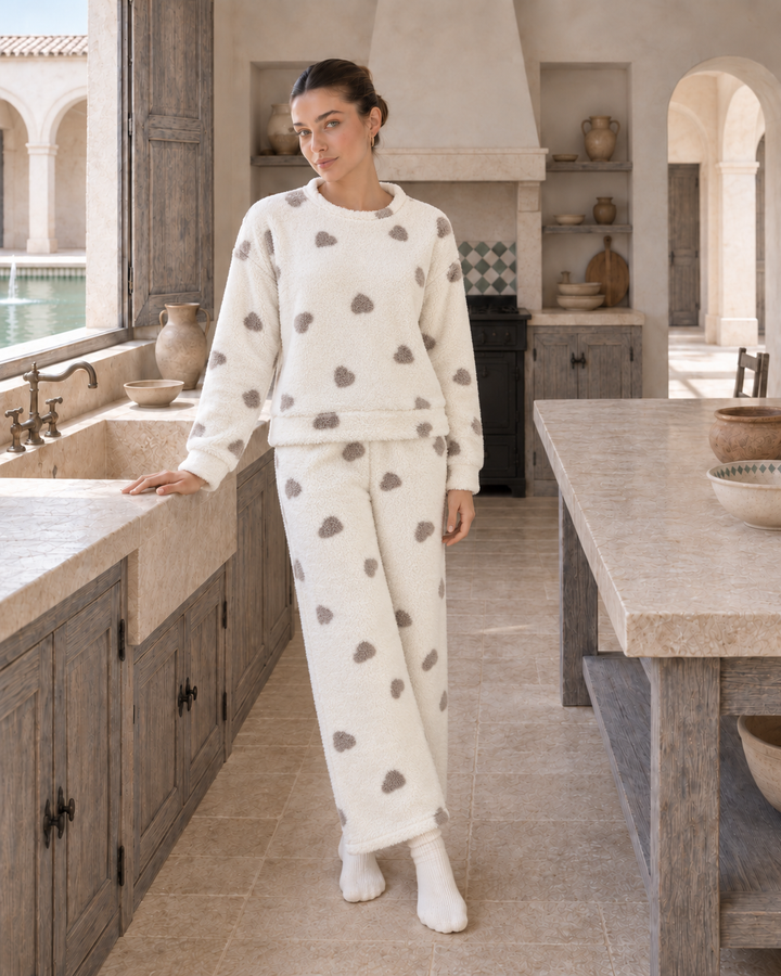 JOURI Plush Heart-Print Pajama Set - 9009, Off White