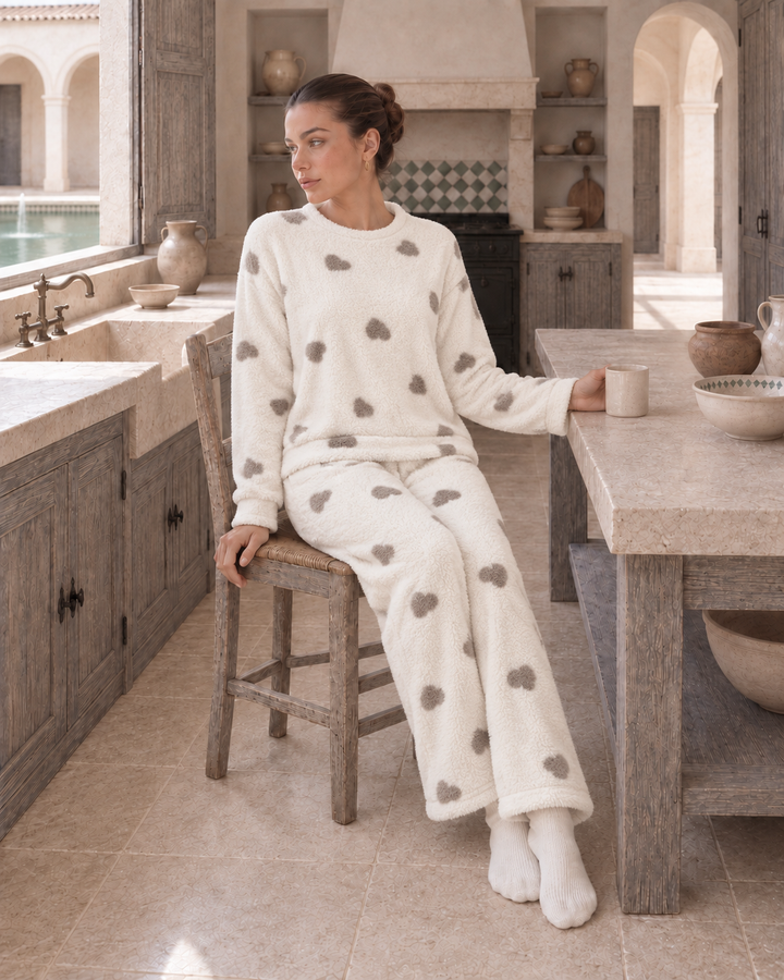 JOURI Plush Heart-Print Pajama Set - 9009, Off White
