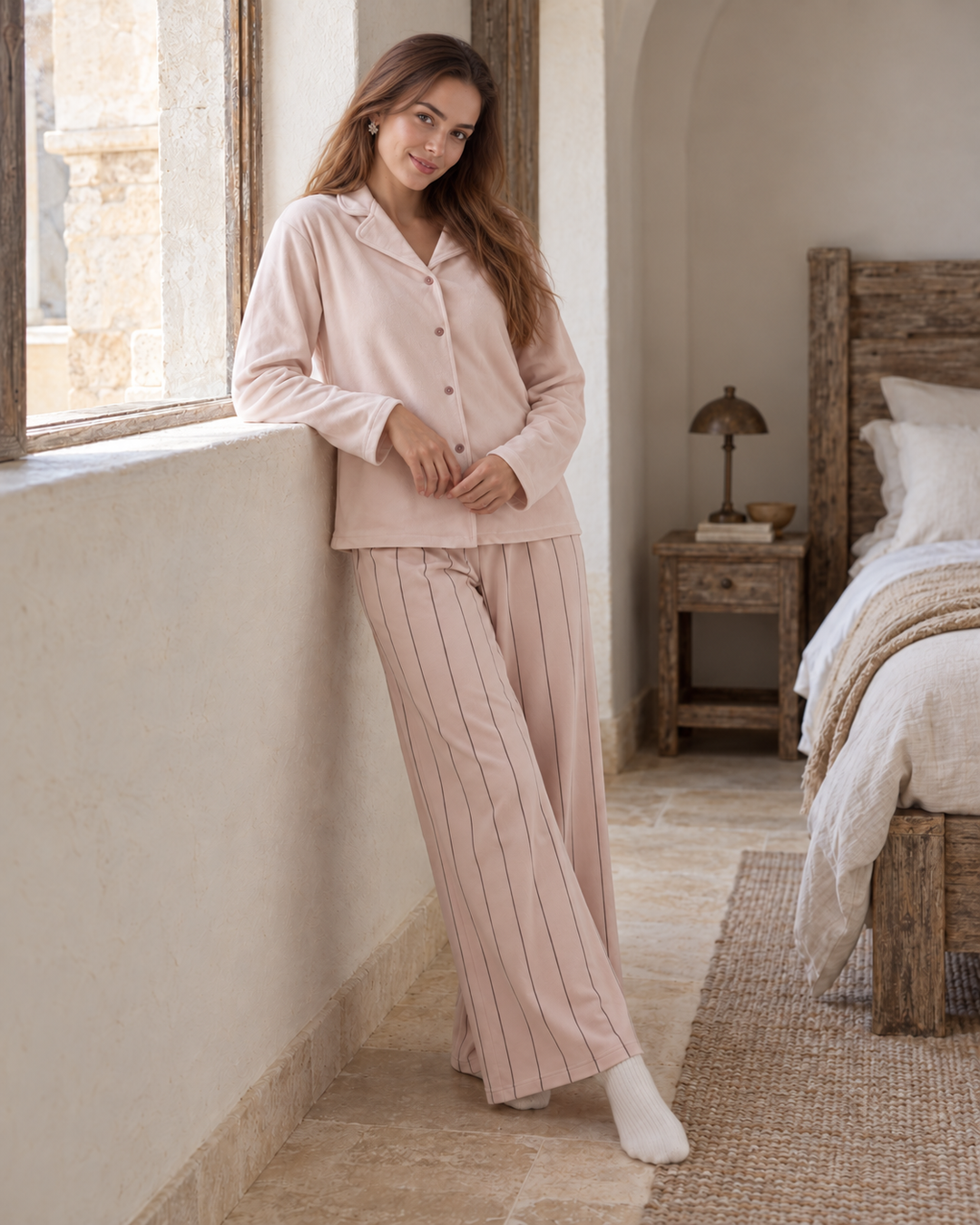 JOURI Striped-Trouser Buttoned Pajama Set - 9012, Blush Pink
