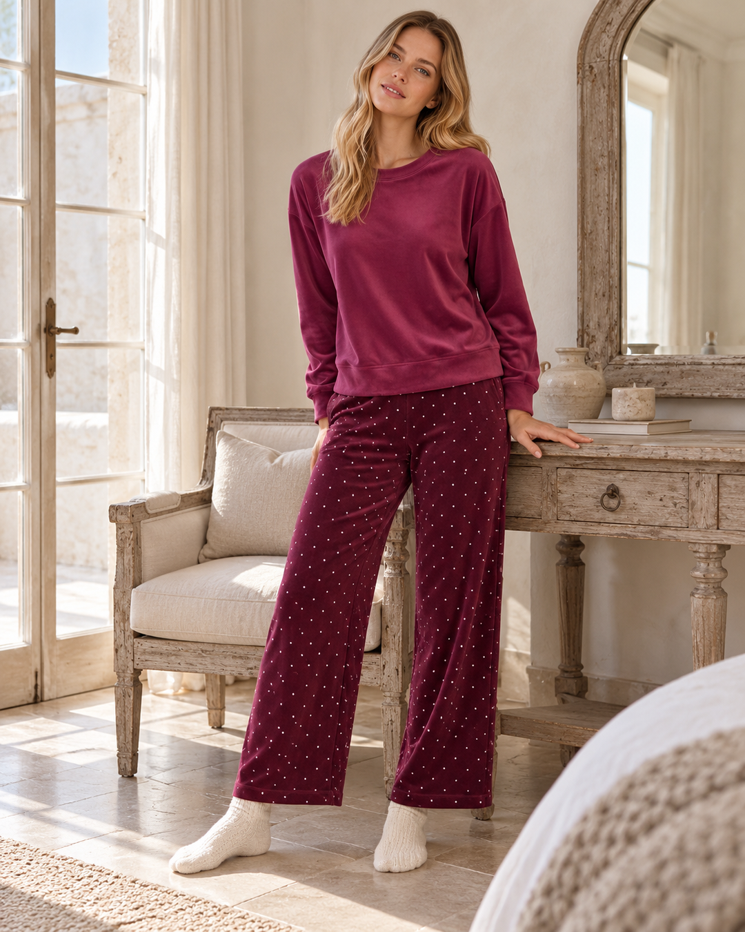 JOURI Dotted-Trouser Pajama Set - 9001, Burgundy