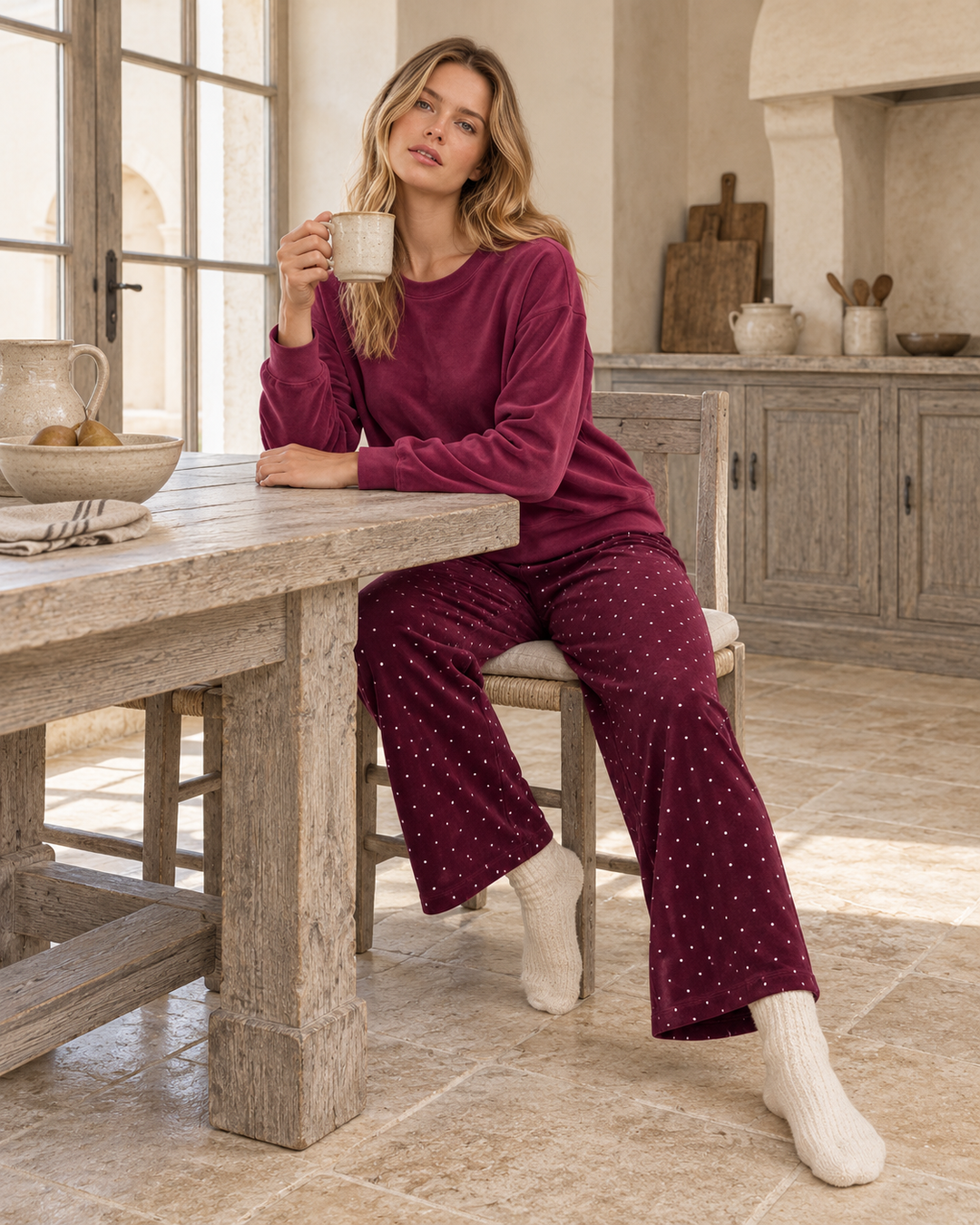 JOURI Dotted-Trouser Pajama Set - 9001, Burgundy