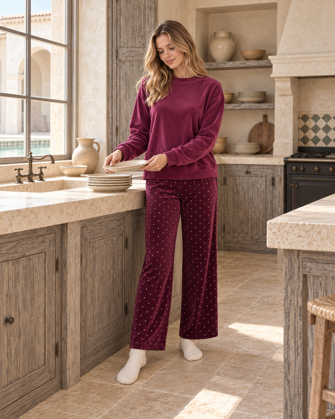 JOURI Dotted-Trouser Pajama Set - 9001, Burgundy