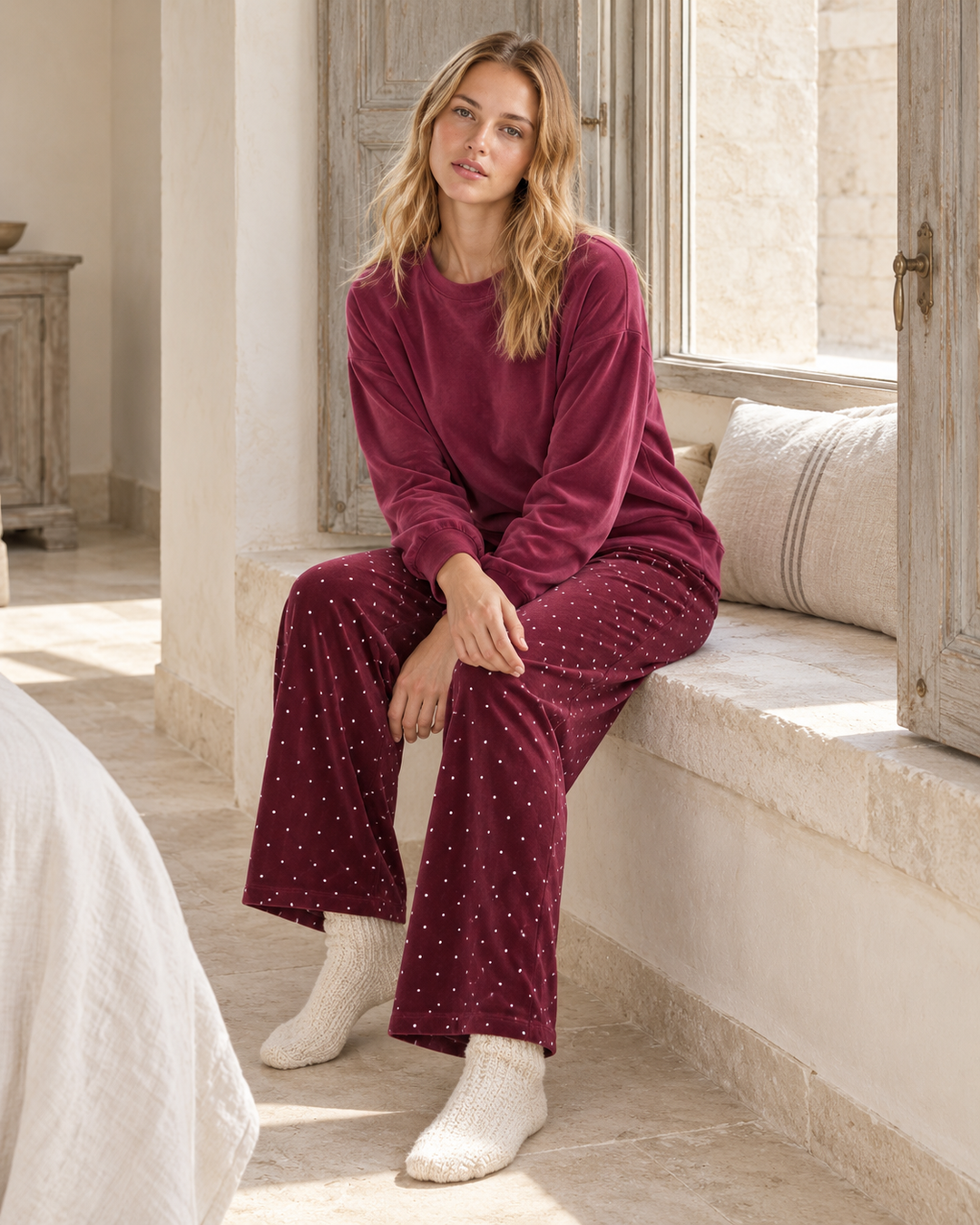 JOURI Dotted-Trouser Pajama Set - 9001, Burgundy