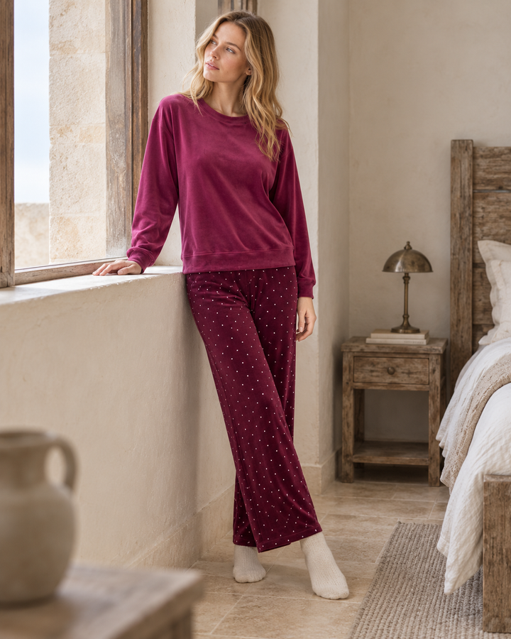 JOURI Dotted-Trouser Pajama Set - 9001, Burgundy