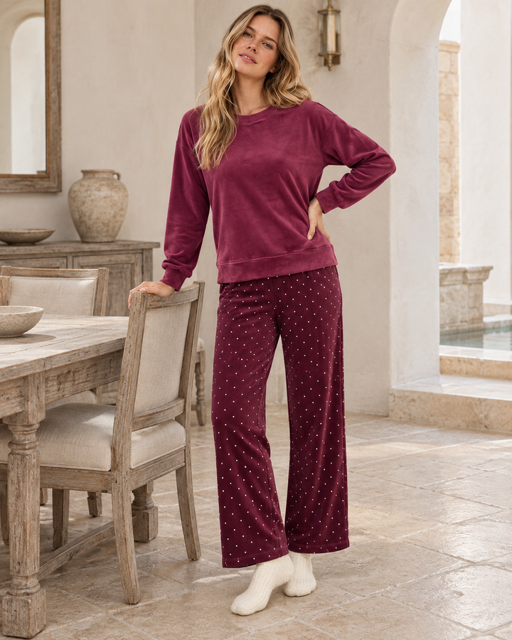 JOURI Dotted-Trouser Pajama Set - 9001, Burgundy