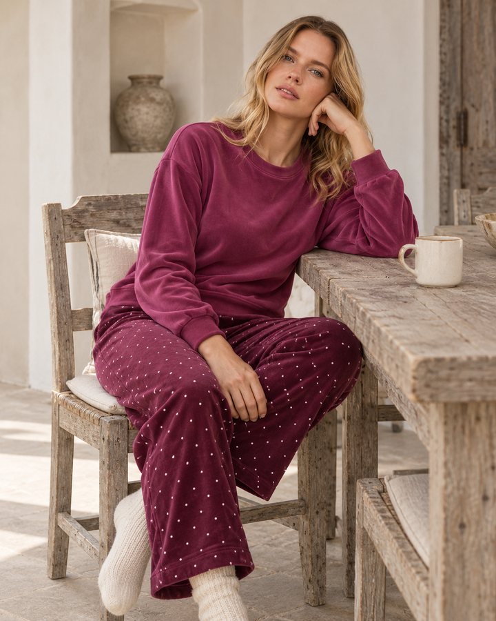 JOURI Dotted-Trouser Pajama Set - 9001, Burgundy