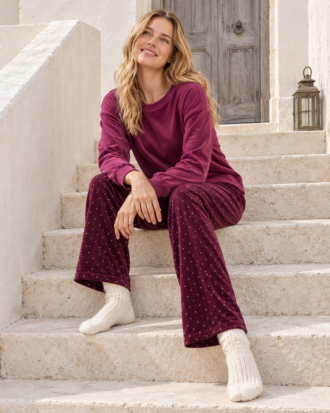 JOURI Dotted-Trouser Pajama Set - 9001, Burgundy