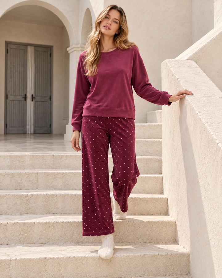 JOURI Dotted-Trouser Pajama Set - 9001, Burgundy