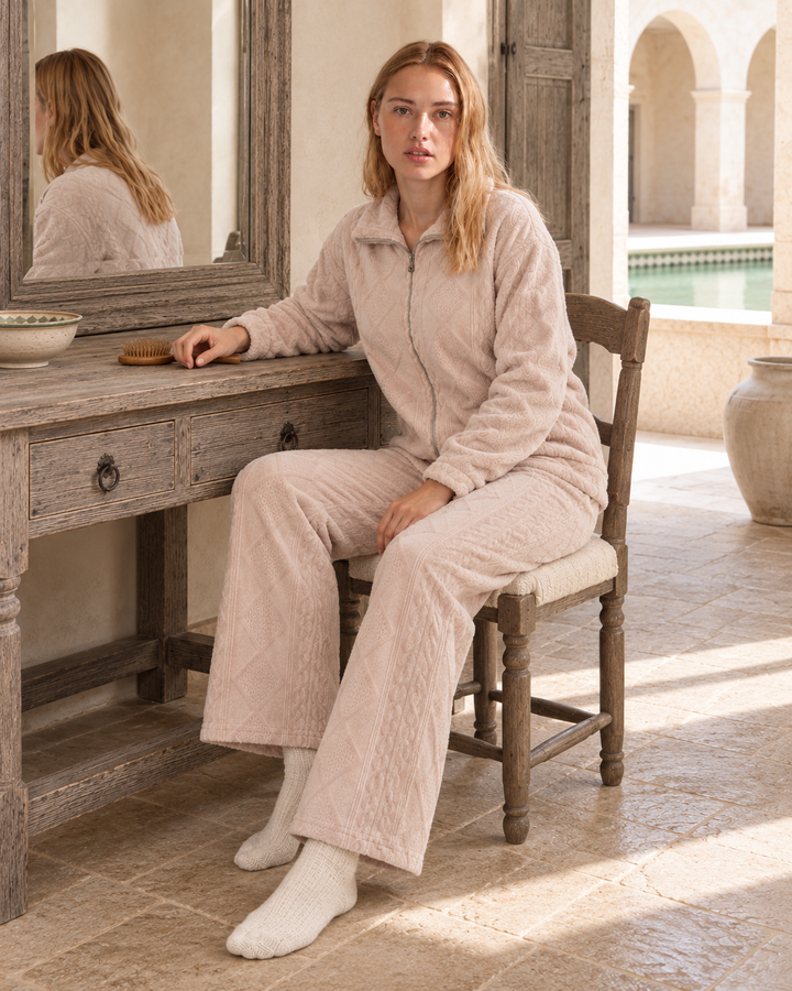 JOURI Textured Zip-Front Pajama Set - 9021, Blush Pink