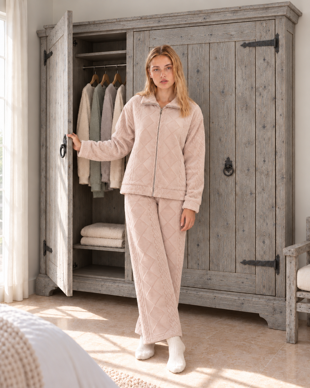 JOURI Textured Zip-Front Pajama Set - 9021, Blush Pink