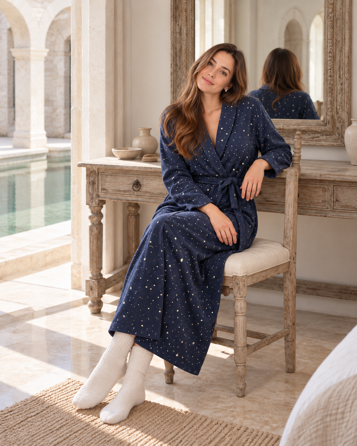 JOURI Star-Print Long Pajama Robe - 9002, Navy