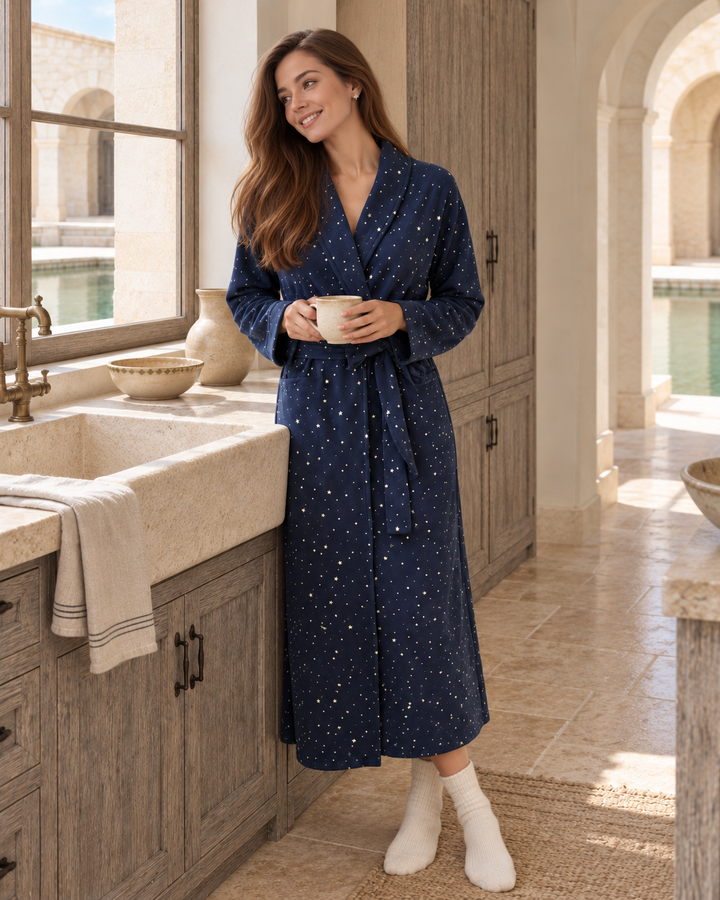 JOURI Star-Print Long Pajama Robe - 9002, Navy