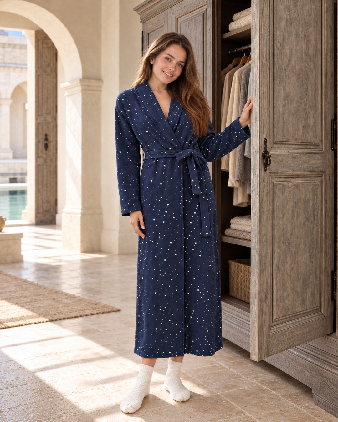 JOURI Star-Print Long Pajama Robe - 9002, Navy