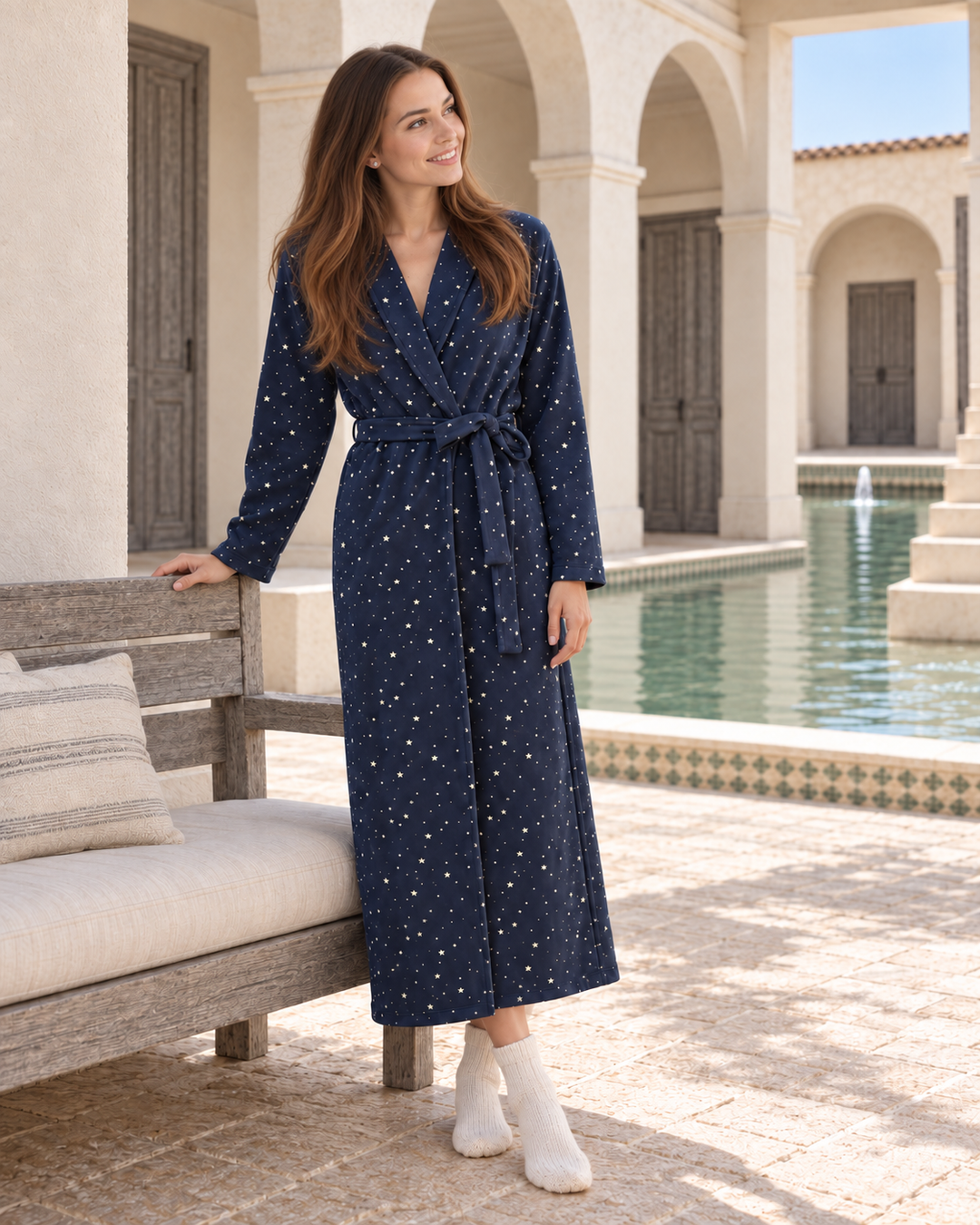 JOURI Star-Print Long Pajama Robe - 9002, Navy