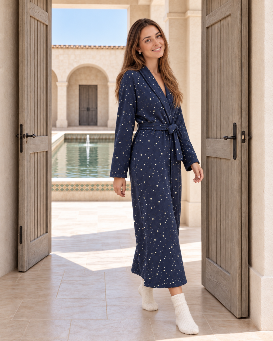 JOURI Star-Print Long Pajama Robe - 9002, Navy