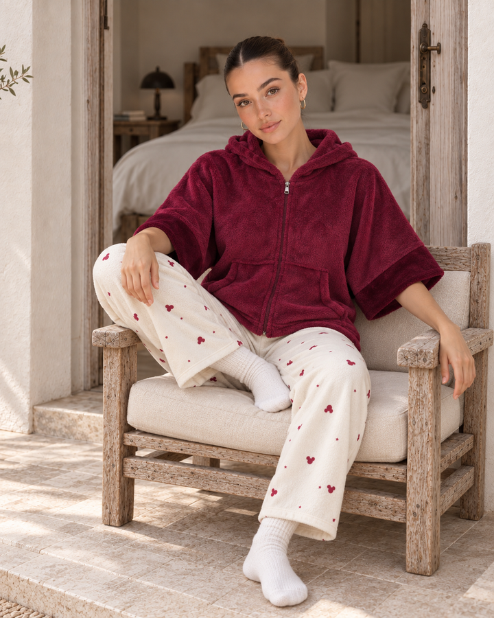 JOURI Hooded Cape-Top Pajama Set - 9024, Burgundy