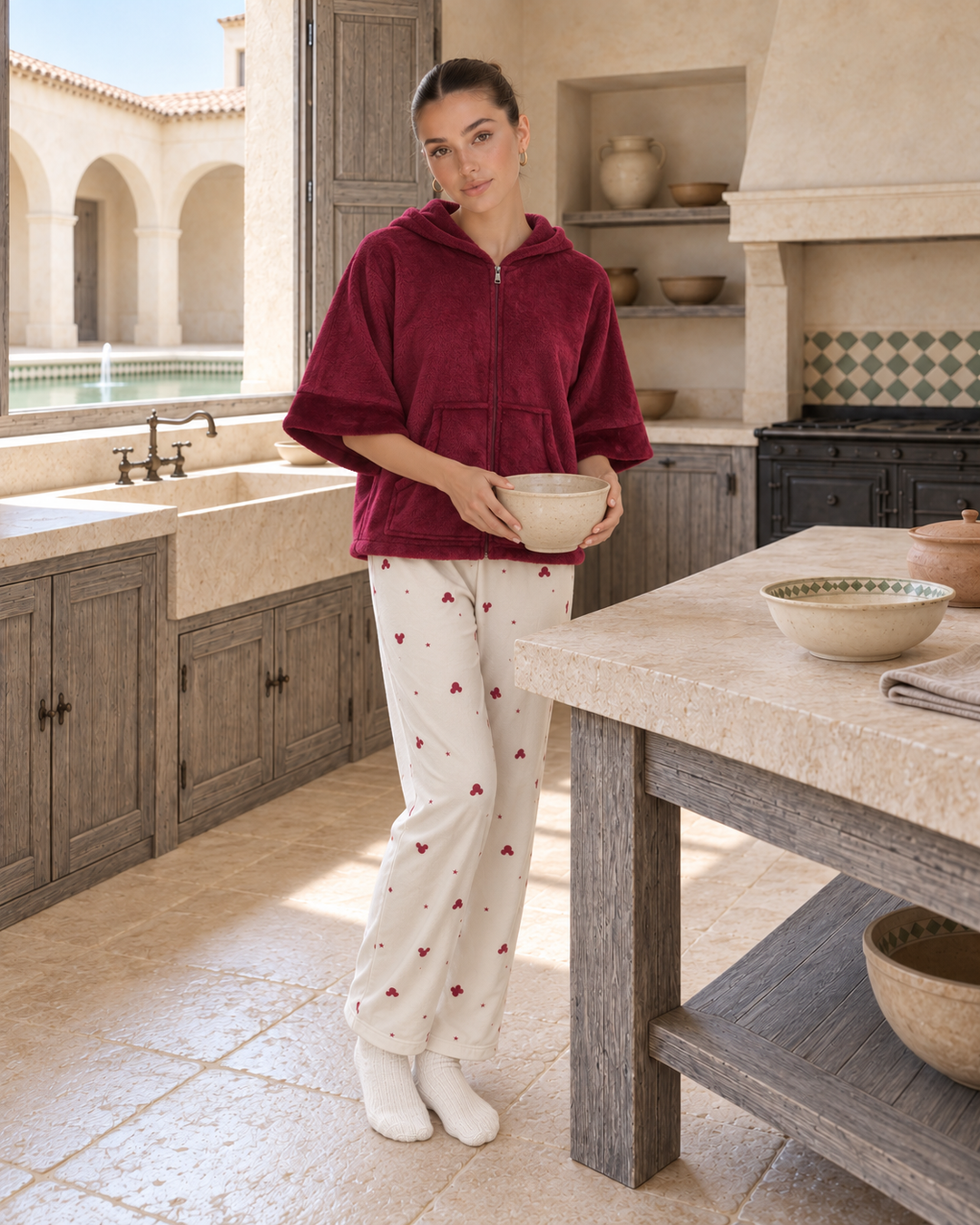 JOURI Hooded Cape-Top Pajama Set - 9024, Burgundy