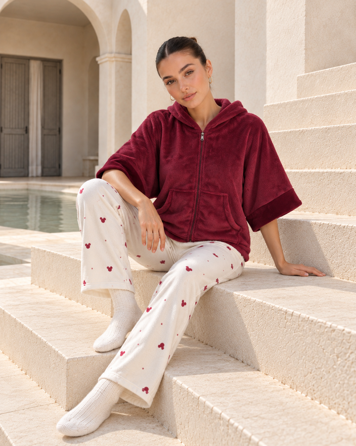 JOURI Hooded Cape-Top Pajama Set - 9024, Burgundy