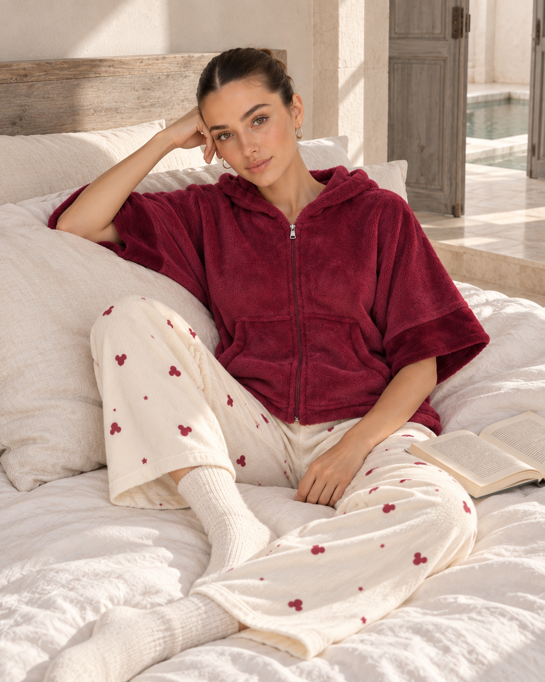 JOURI Hooded Cape-Top Pajama Set - 9024, Burgundy