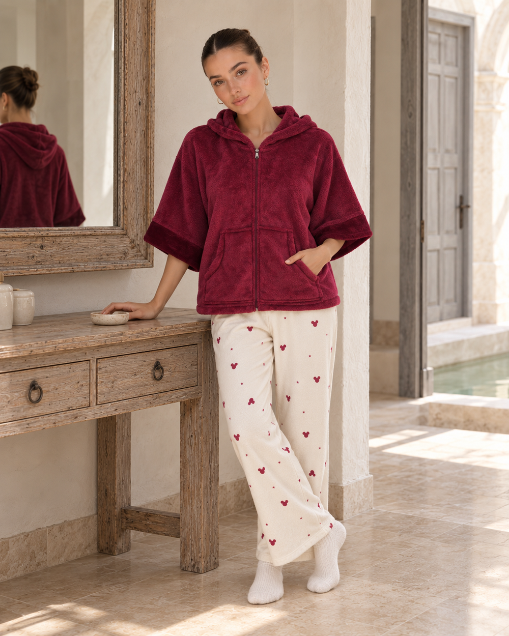 JOURI Hooded Cape-Top Pajama Set - 9024, Burgundy