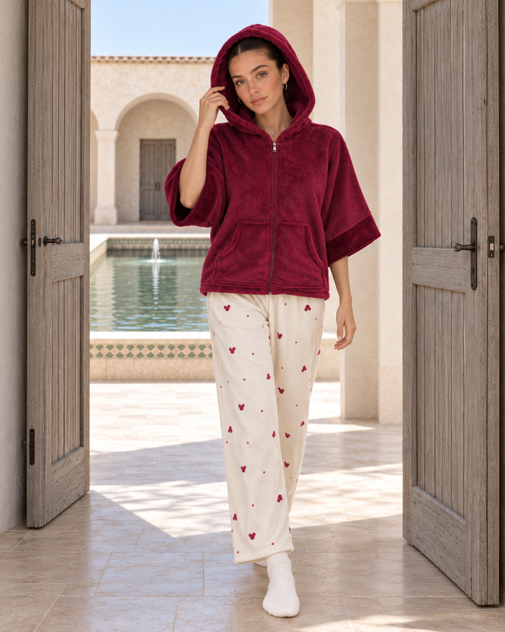 JOURI Hooded Cape-Top Pajama Set - 9024, Burgundy