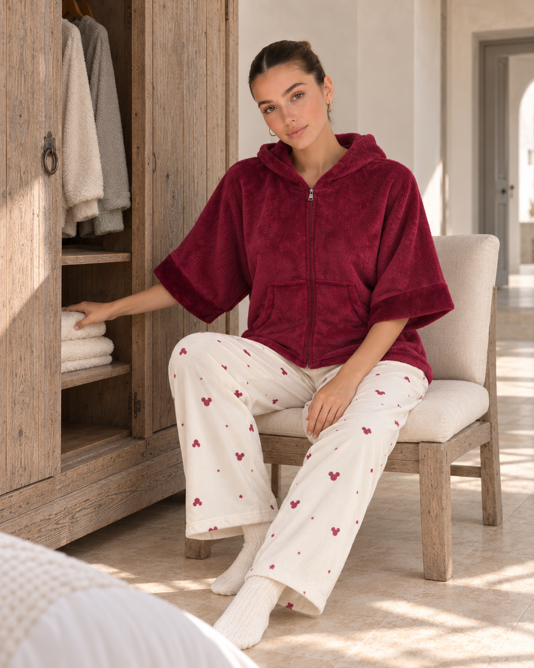 JOURI Hooded Cape-Top Pajama Set - 9024, Burgundy