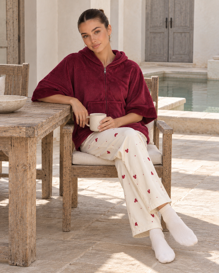 JOURI Hooded Cape-Top Pajama Set - 9024, Burgundy