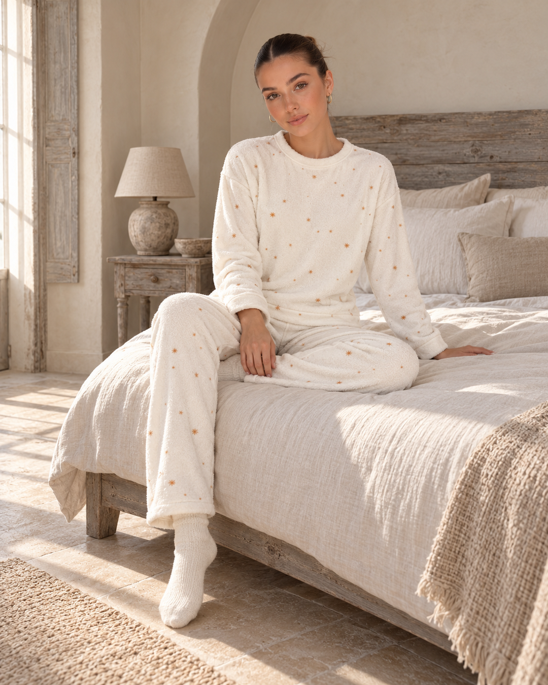 JOURI Mini-Print Long-Sleeve Pajama Set - 9029, Off White