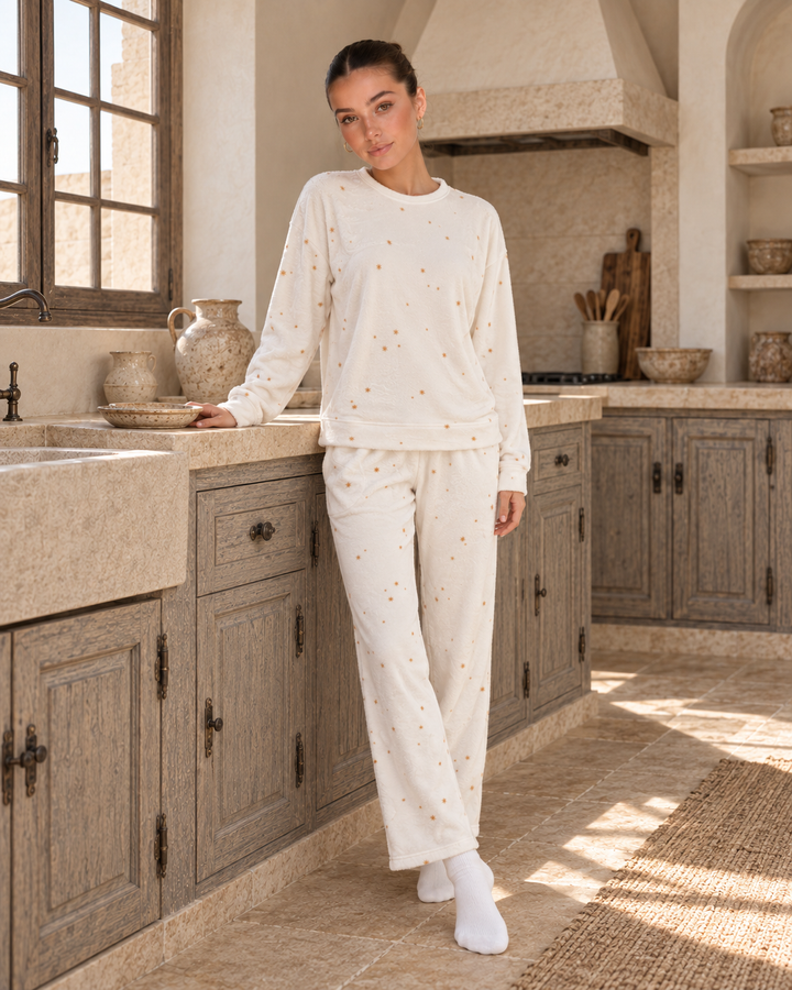 JOURI Mini-Print Long-Sleeve Pajama Set - 9029, Off White