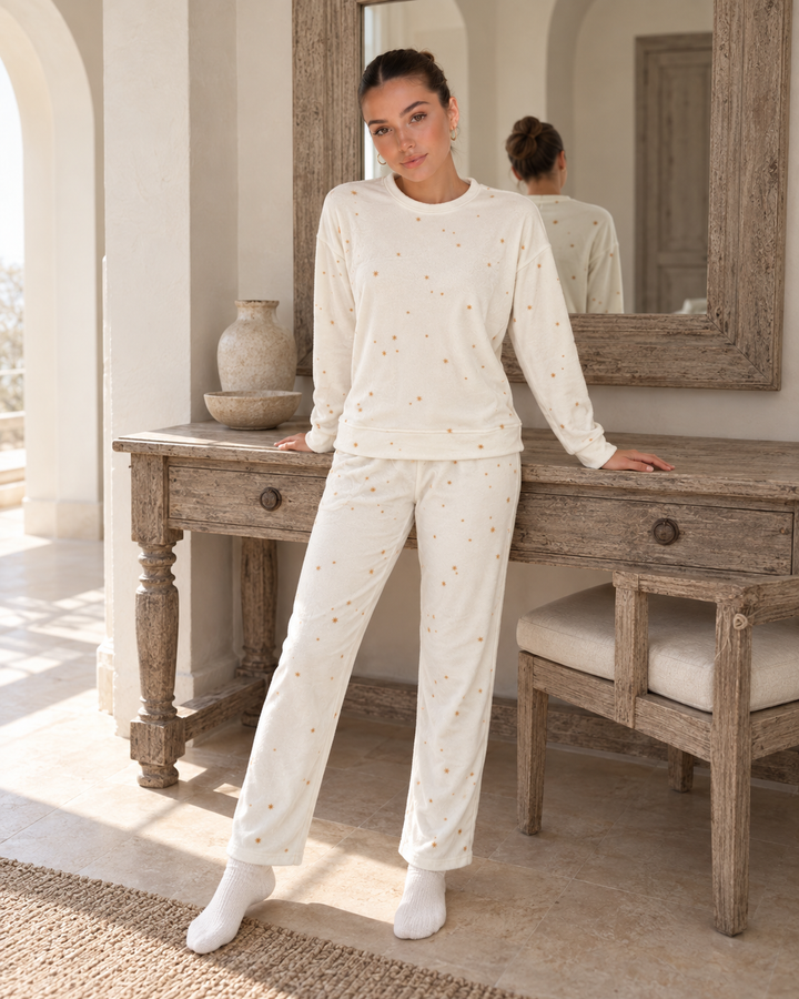 JOURI Mini-Print Long-Sleeve Pajama Set - 9029, Off White