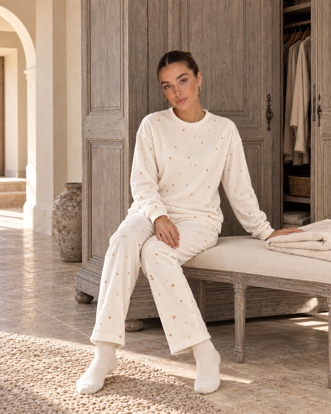 JOURI Mini-Print Long-Sleeve Pajama Set - 9029, Off White