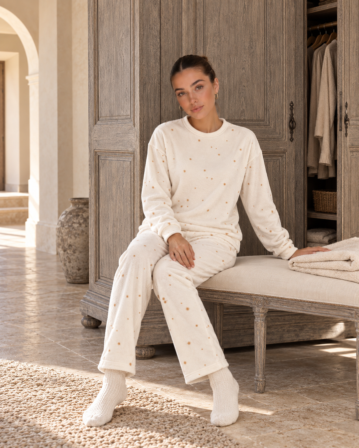 JOURI Mini-Print Long-Sleeve Pajama Set - 9029, Off White