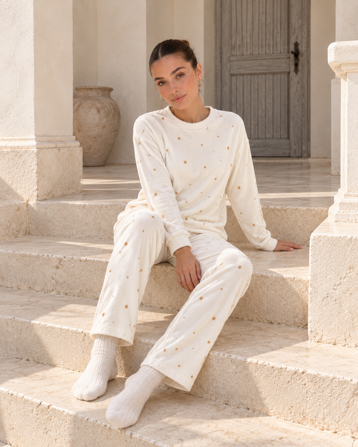 JOURI Mini-Print Long-Sleeve Pajama Set - 9029, Off White