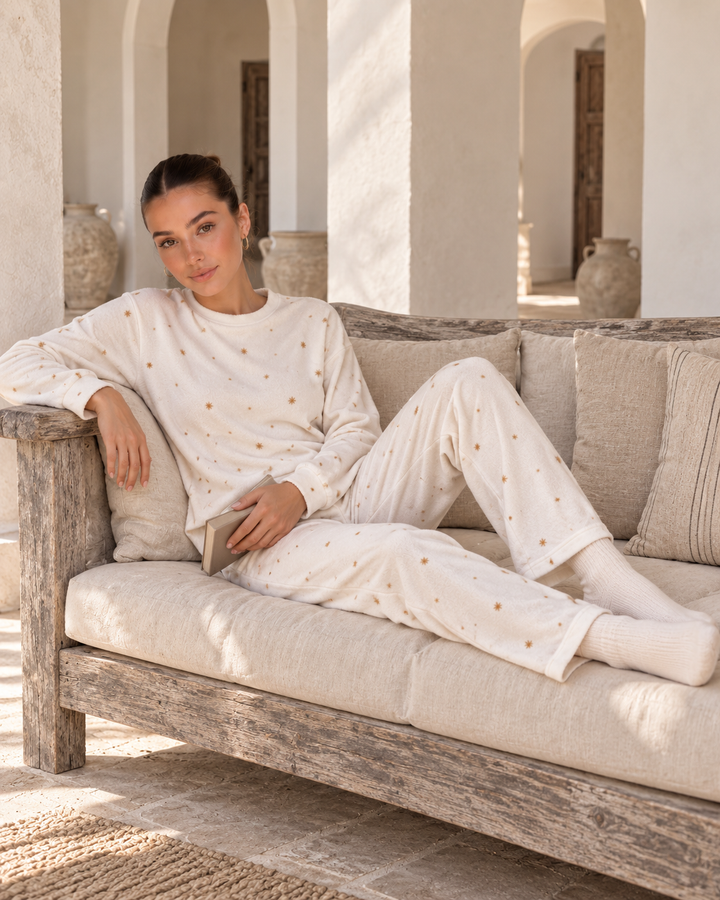 JOURI Mini-Print Long-Sleeve Pajama Set - 9029, Off White